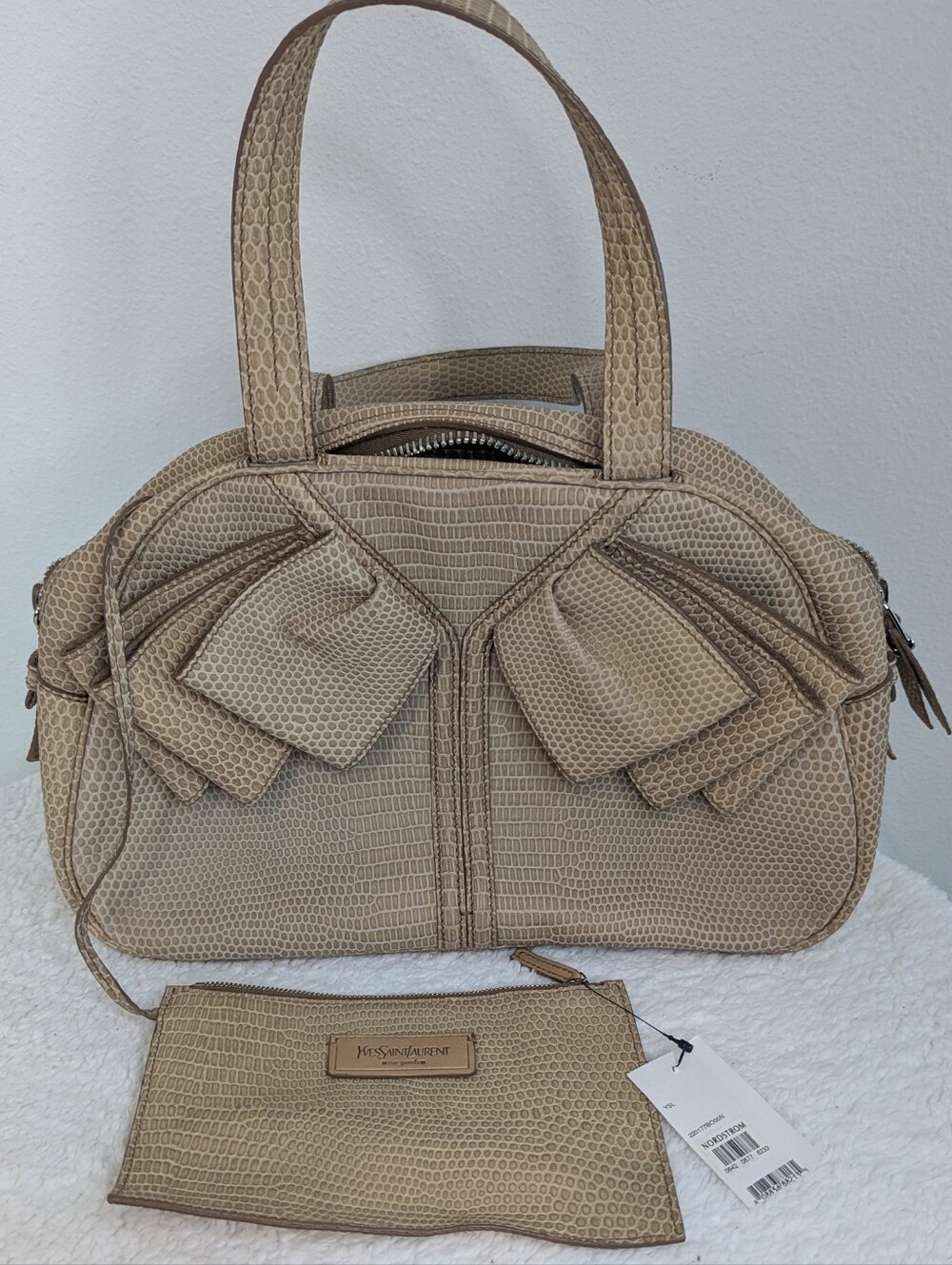 Vintage Yves Saint Laurent (YSL) Beige Lizard-Embossed Bow Bag w/ Pouch